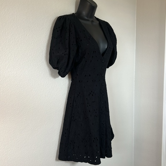 Zara Black Eyelet Lace Button Front V Neck Puff Sleeve Mini Dress - Picture 6 of 9